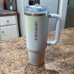 Stanley White Travel Mug with Clear Lid and Silver Trim